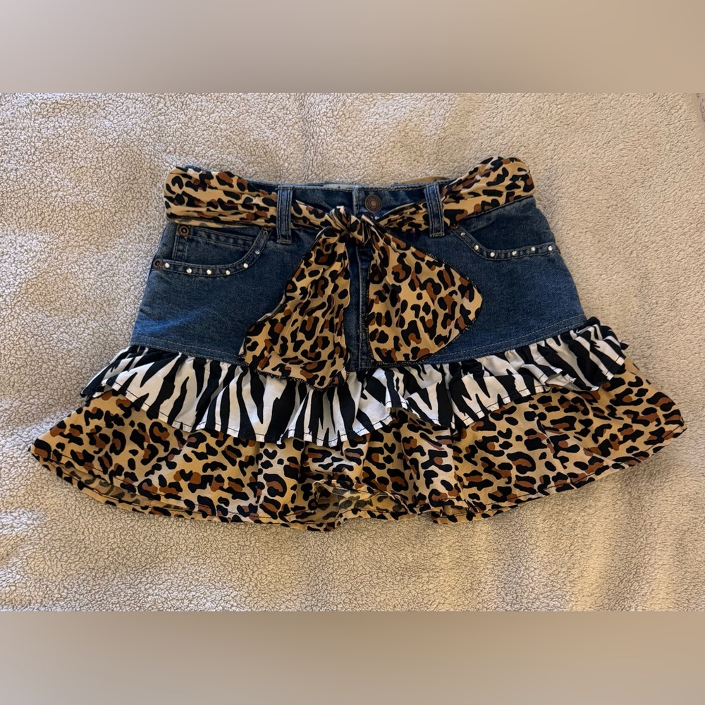 Route 66 Girls Denim/Animal Print Mini-Skirt Cotton Blend Fabric Belt Pocket 6X
